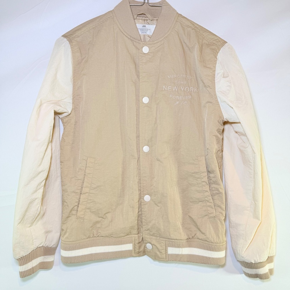 HM Kids Tan New York‎ Forever Varsity Bomber Jacket Beige White Size 8-10Y